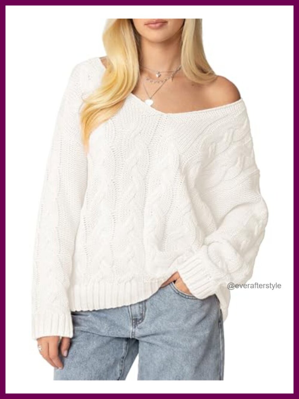 Cable Knit Oversized Sweater V-Neck Off Shoulder Pullover